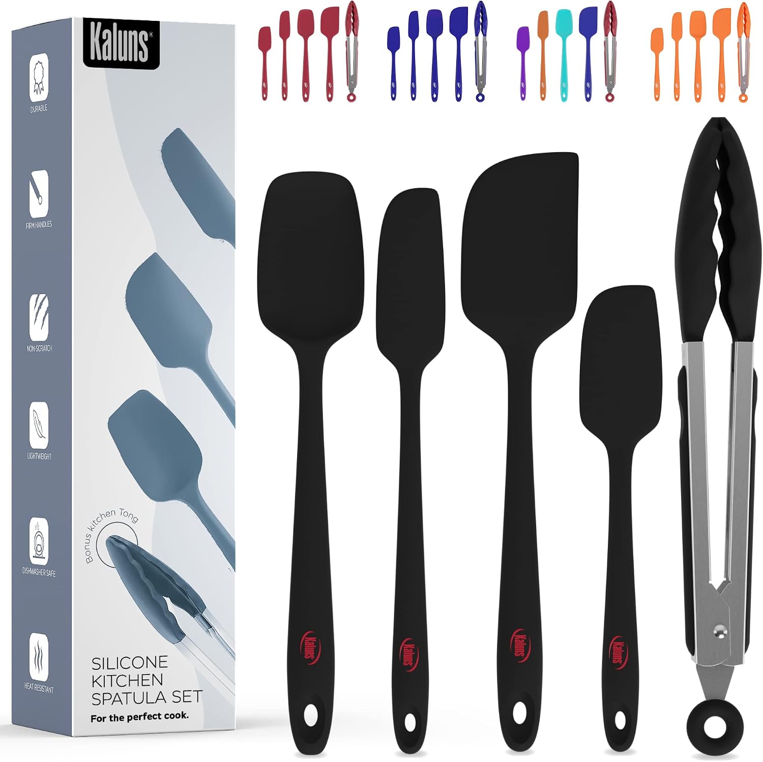 Kaluns Silicone Spatula Set, 4 Rubber Spatulas 600°F Heat Resistant, Nonstick Seamless Design with Stainless Steel Core, Dishwasher Safe, BPA free, Bonus Tongs Included