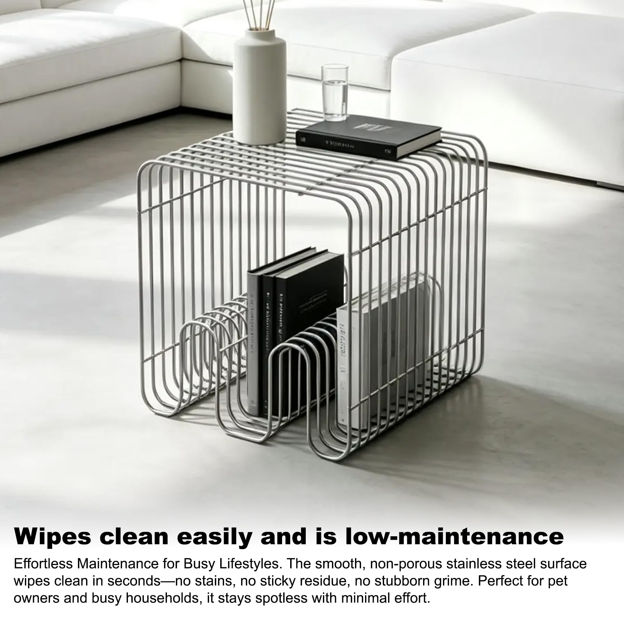 Retro Side Table, Accent Bedside Table for Living Room, Stainless Steel Linear Metal Small End Table, Iron Multi-Purpose Desktop Shelf