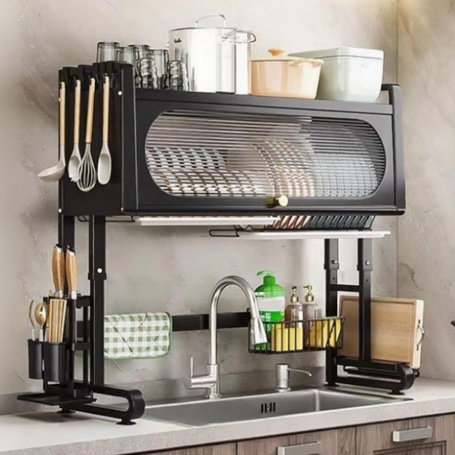 Over-Sink 3-Tier Dish Rack with Lid, Adjustable Height (27/29-31/33 in) - Black Short, 38in(97cm)