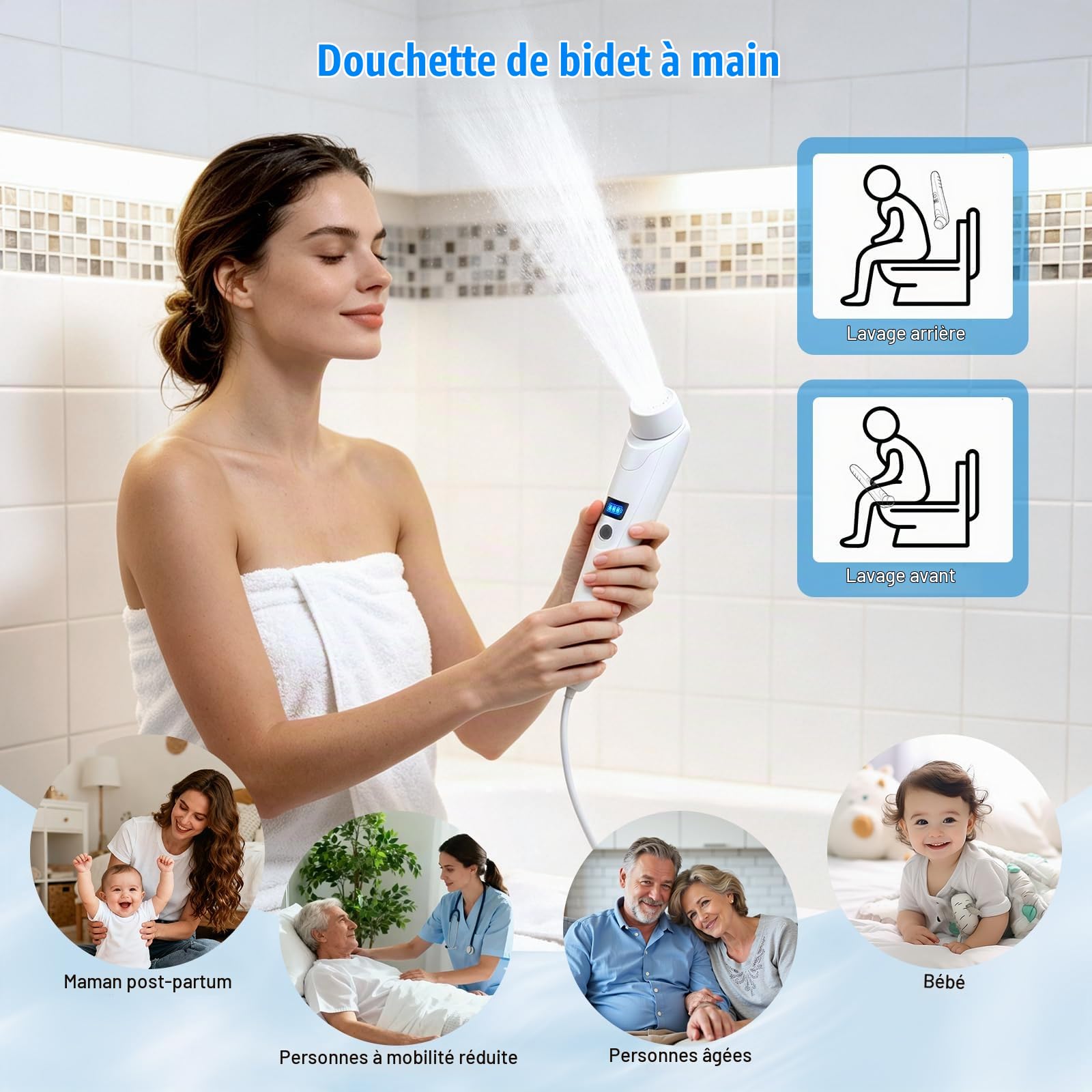 Bidet Portable 3L, Bidet Électrique de Voyage Rechargeable USB avec Batterie 2200mAh, IPX6 Étanche, Douchette à Main pour Toilettes Camping Randonnée, Hygiène Personnelle pour Femmes Hommes Seniors