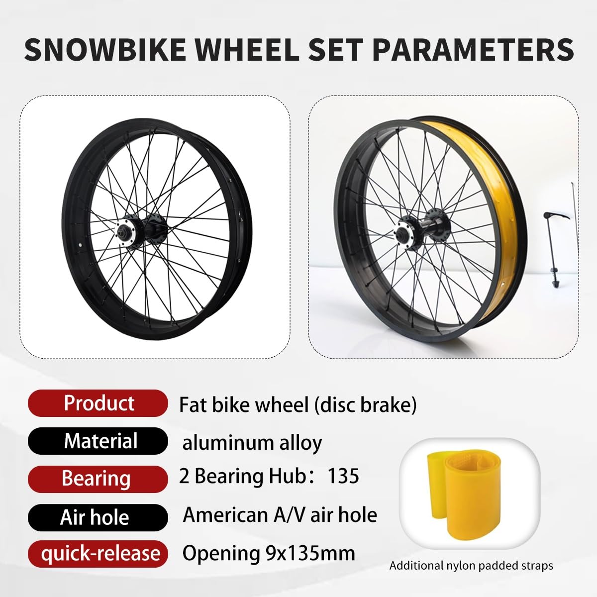 Ruota Anteriore per Biciclette con Pneumatici Larghi 20/26 x 4 Pollici, Cerchio in Lega a Doppia Parete, 36 Fori, Freno a Disco, sgancio rapido 9 x 135 mm, per Bici elettriche da s
