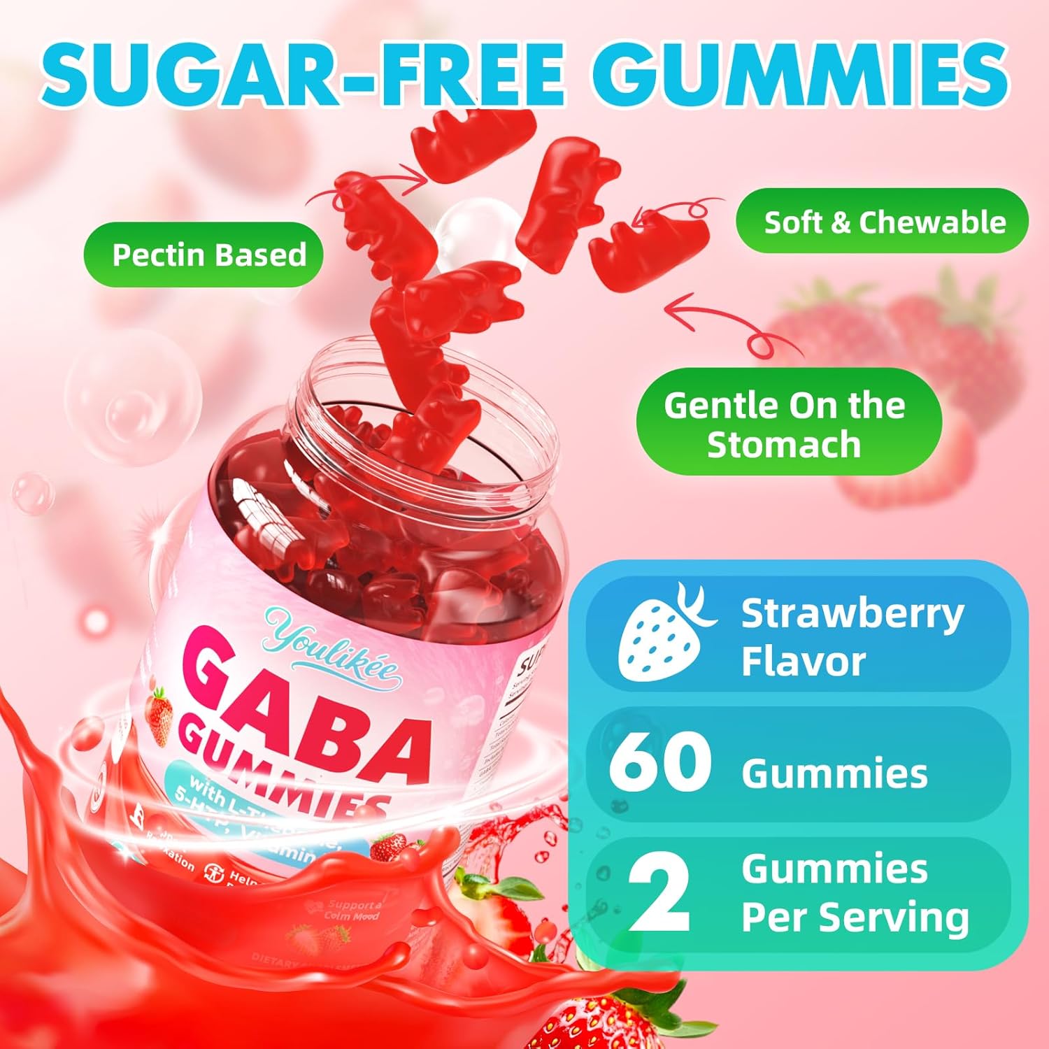 2 Pack GABA Gummies 500mg with L-Theanine, 5-HTP, Vitamins B6, B12, D3 and Ashwagandha, Melatonin-Free, GABA Supplements for Adult, Sugar-Free, Strawberry Flavor, 120 Count