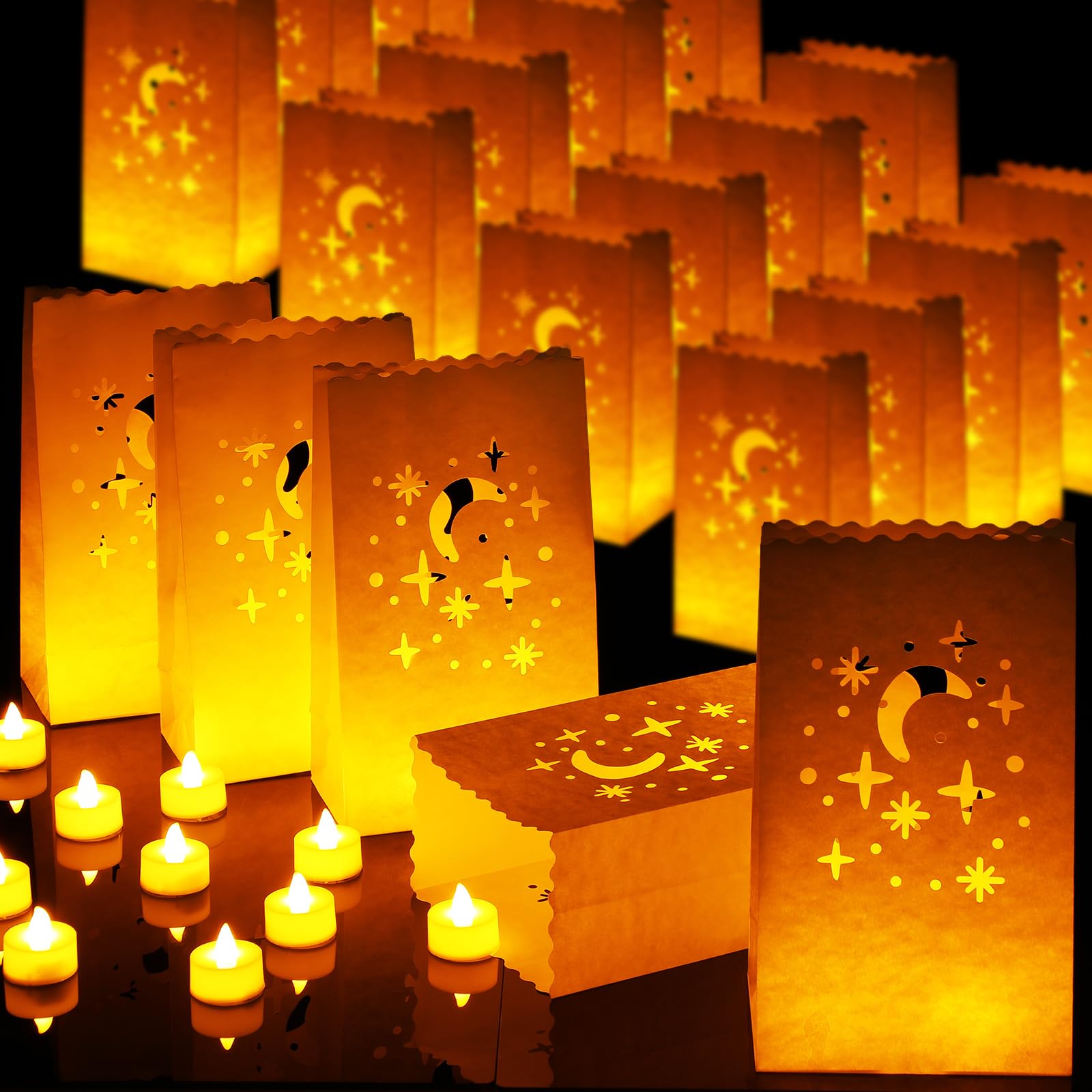 50 Sets Luminaries Bag with Candles Include 50 Flameless LED Tea Lights LED Tealight Candles and 50 Luminary Bags for Christmas Thanksgiving Halloween Wedding Festival Party (Kraft Paper,Star)