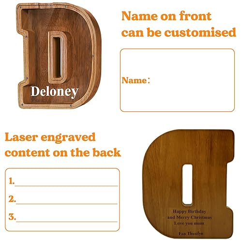 Vista 68 de Customized Name Large Wooden Piggy Bank for Boys Girls Alphabets Letter A-Z Coins Bills Money Change Bank Box Initial on Clear Cover