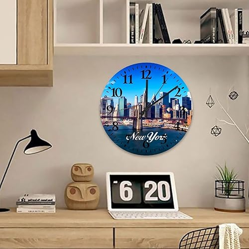 Miniatura 4 de Reloj de pared pequeño de Nueva York, reloj de mesa de paisaje urbano, movimiento de cuarzo, números árabes, rascacielos y horizonte, reloj redondo