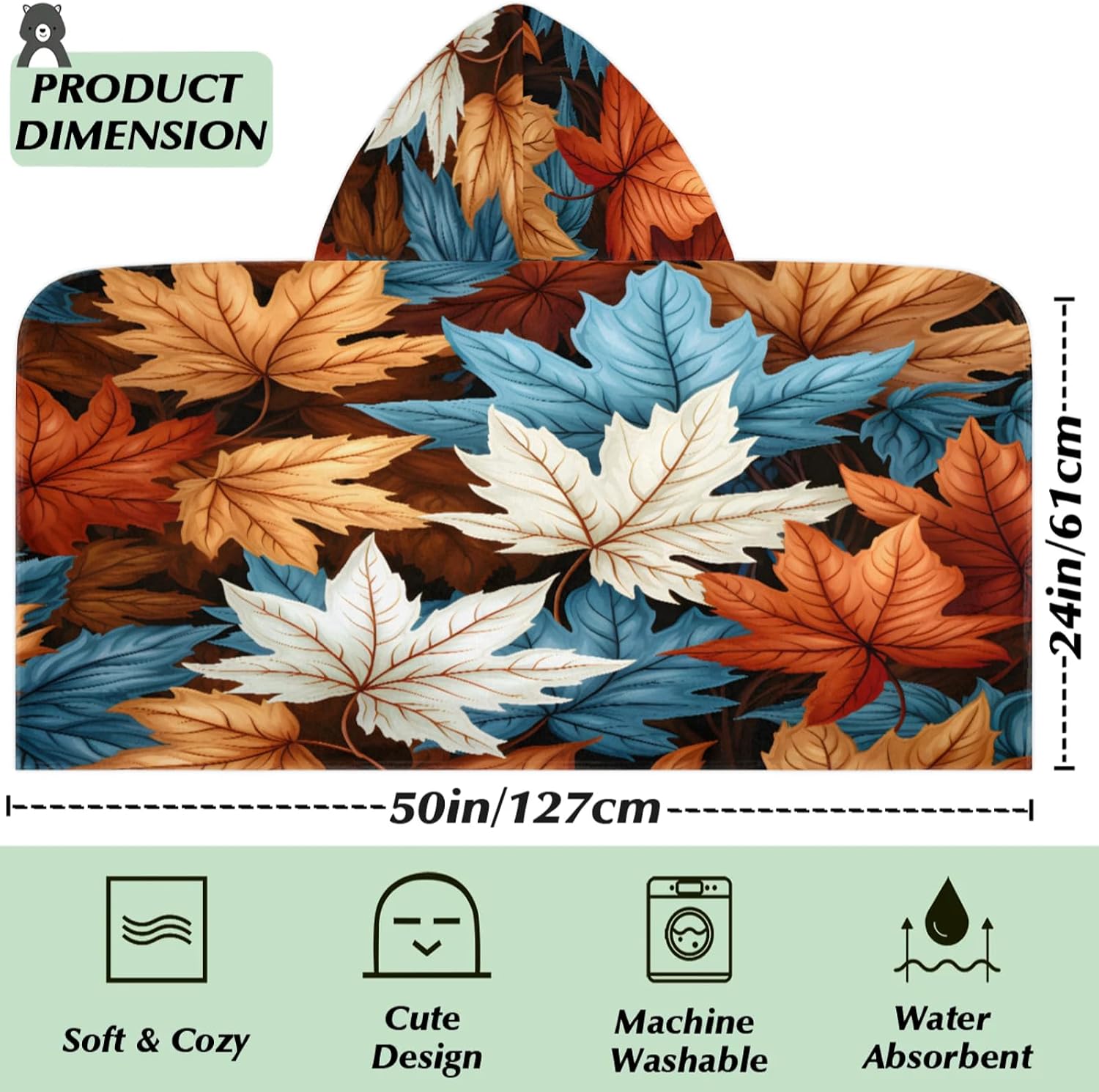 Maple Leaves Hooded Towels for Kids Absorbent Soft Pool Swim Beach Bath Towel for Boys Girls, 24 in x 50 in