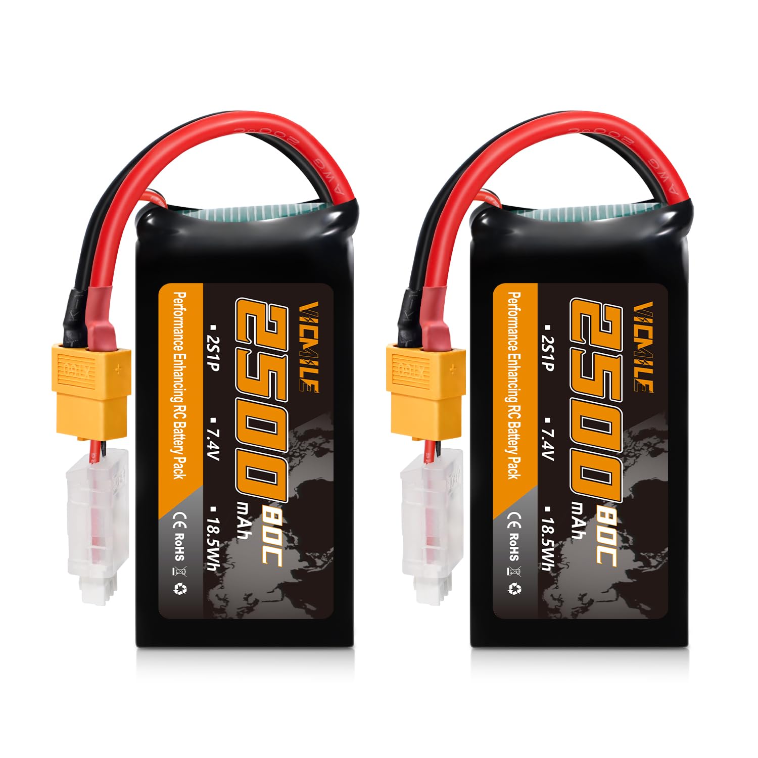 VICMILE 2S Lipo Battery 2500mAh 7.4V 80C High Discharge Rate Shorty Pack RC Batteries with XT60 Plug Fit for RC Airplane FPV Quadcopter Helicopter Drone and Racing RC Hobby Models 2500 High Capacity