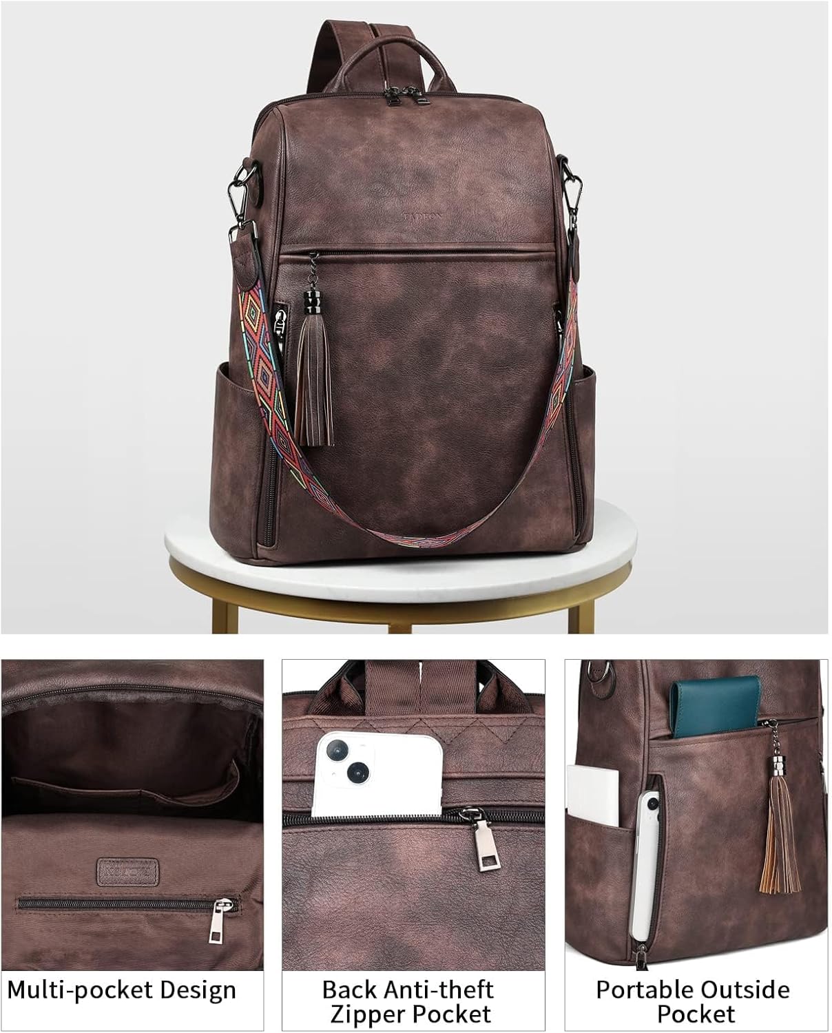 FADEON Leather Laptop Backpack for Women Designer 15.6 inch PU Laptop Bag, Ladies Travel Computer Work Backpack Coffee Brown - Image 5