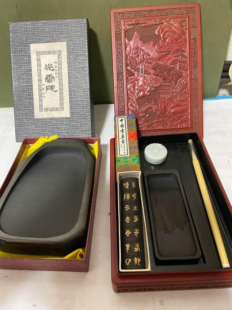 端渓硯 老坑 剔紅 堆朱 木製硯底箱付き 書道用品 唐物