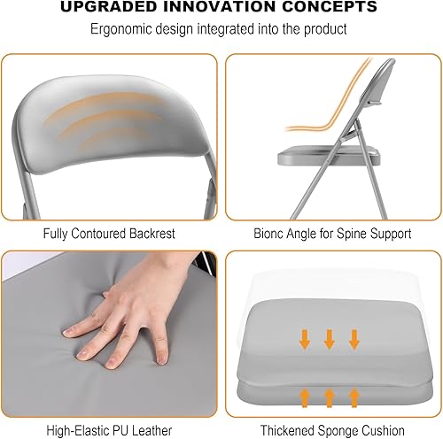 Miniatura 4 de Paquete de 6 sillas plegables grises con cojín acolchado para exteriores, sillas plegables de metal comerciales apilables portátiles con marco de