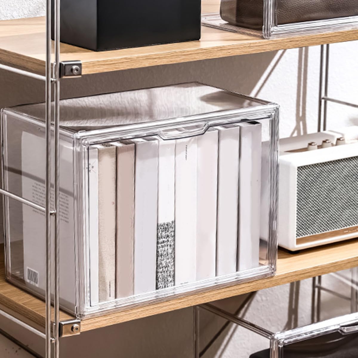 GALPADA Transparente Stapelbar Bücheraufbewahrungsbox aus Kunststoff mit Einfachem Design und Staubdicht zur Organisation von Schulbüchern und Kleinteilen im Schlafzimmer