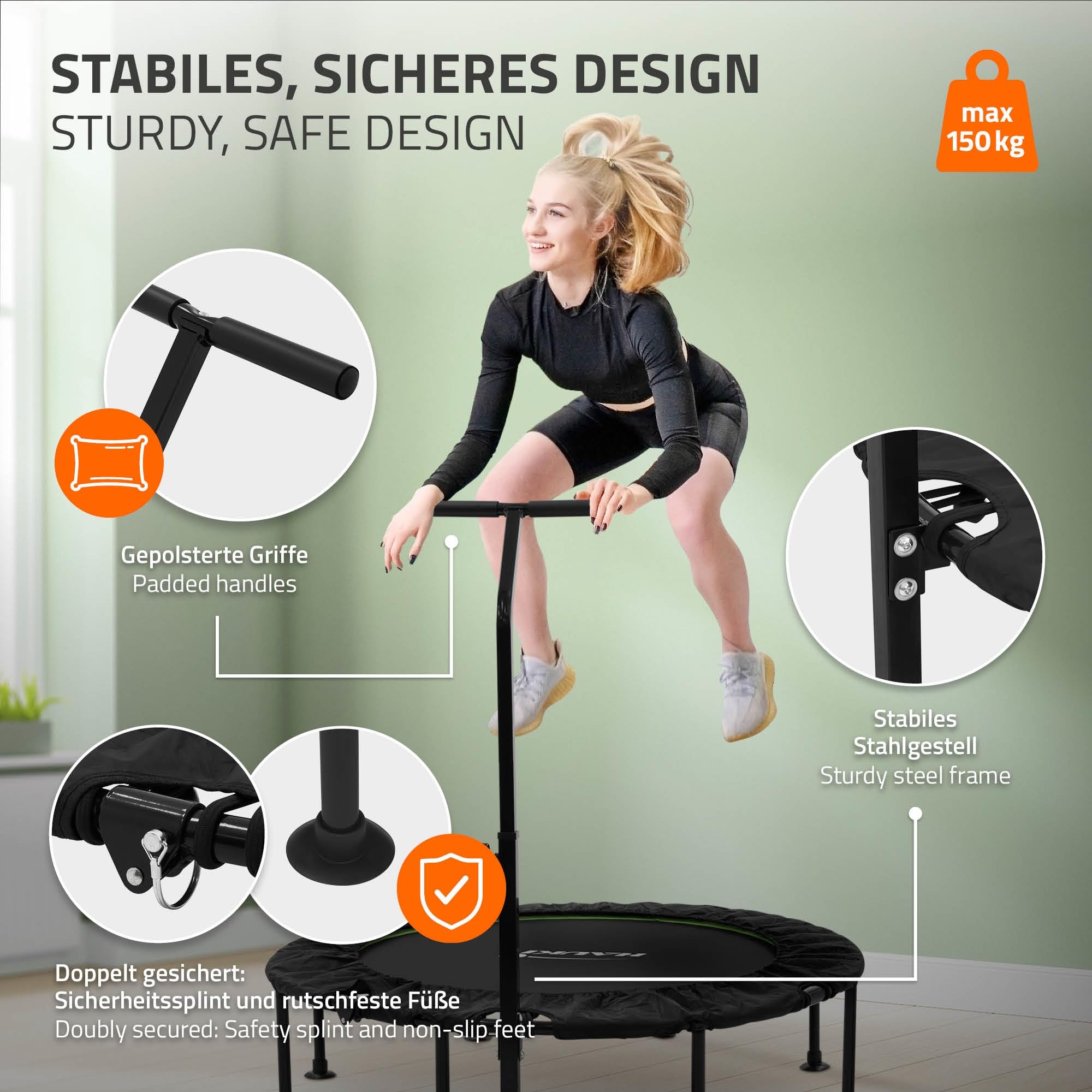 Hauki Trampolino Fitness Indoor con Maniglia Ø102cm/Ø122cm, Regolabile in Altezza, Capacita 150 kg Tappeto Elastico Silenzioso per Adulti, Mini Trampolino con Bungee, Rebounder per Esercizi a Scelta