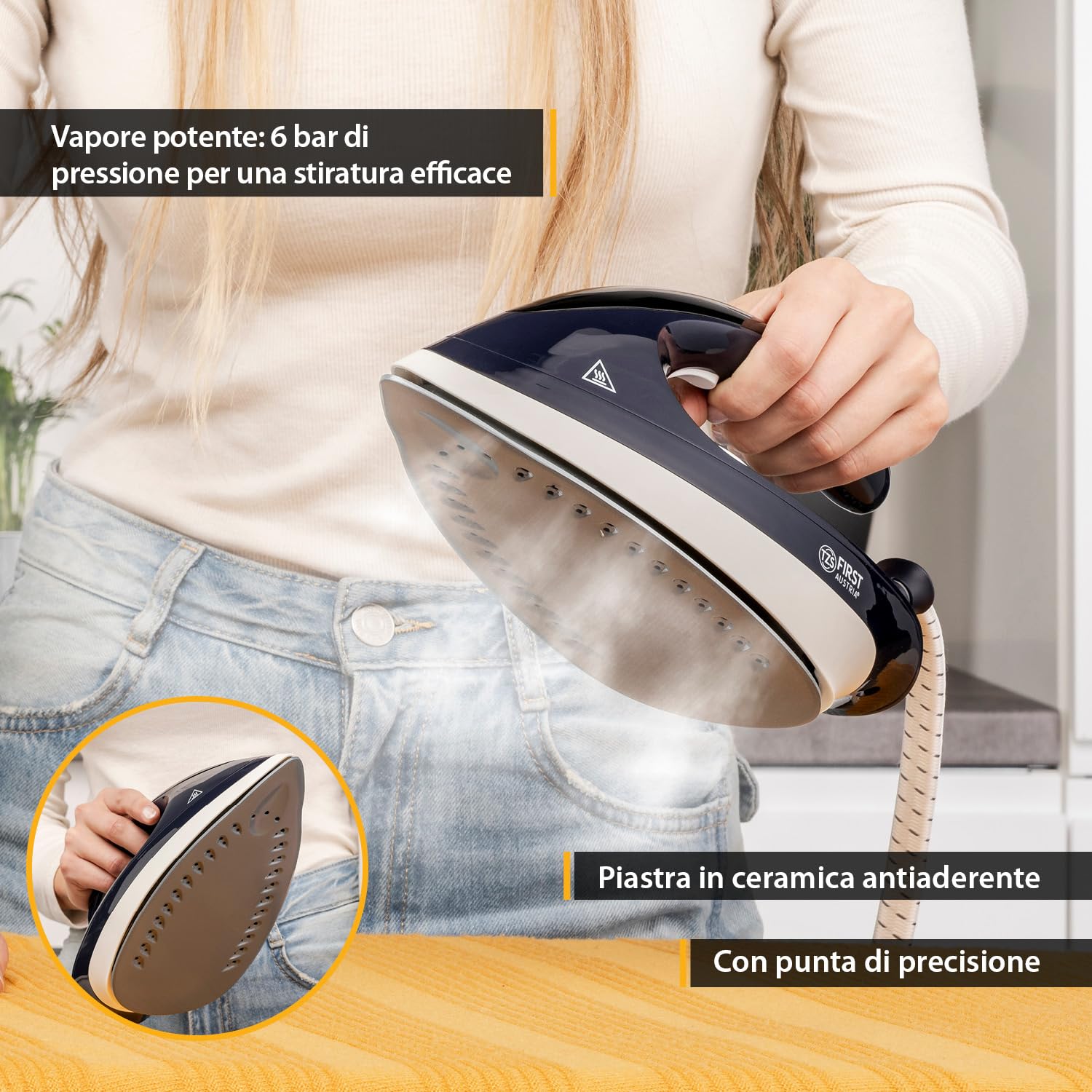 TZS First Austria - Ferro da Stiro con Caldaia 1,7L - 3000W - 6 Bar & 140g/min Vapore Continuo - Piastra in Ceramica - Stiro Verticale & Funzione Anticalcare - Blu