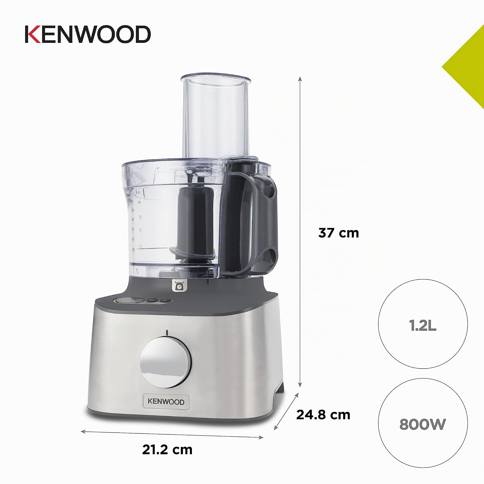 Kenwood Multipro Compact Procesador Robot de Cocina, Bol de 1,2L, Batidora de Vaso de 1,2L, Gancho para Amasar, Varillas, Discos para Cortar y Rallar, Molinillo de Especias, 800 W, FDM313S, Plata