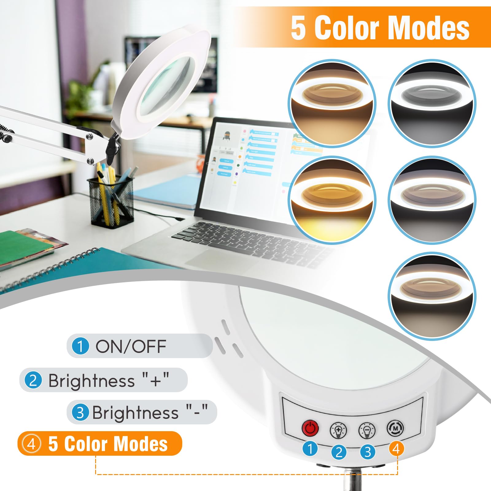 HYEIOL LED Magnifying Glass with Light,5 Color Modes 10 Brightness Dimmable Magnifying Lamp with Desk Clamp - Image 3