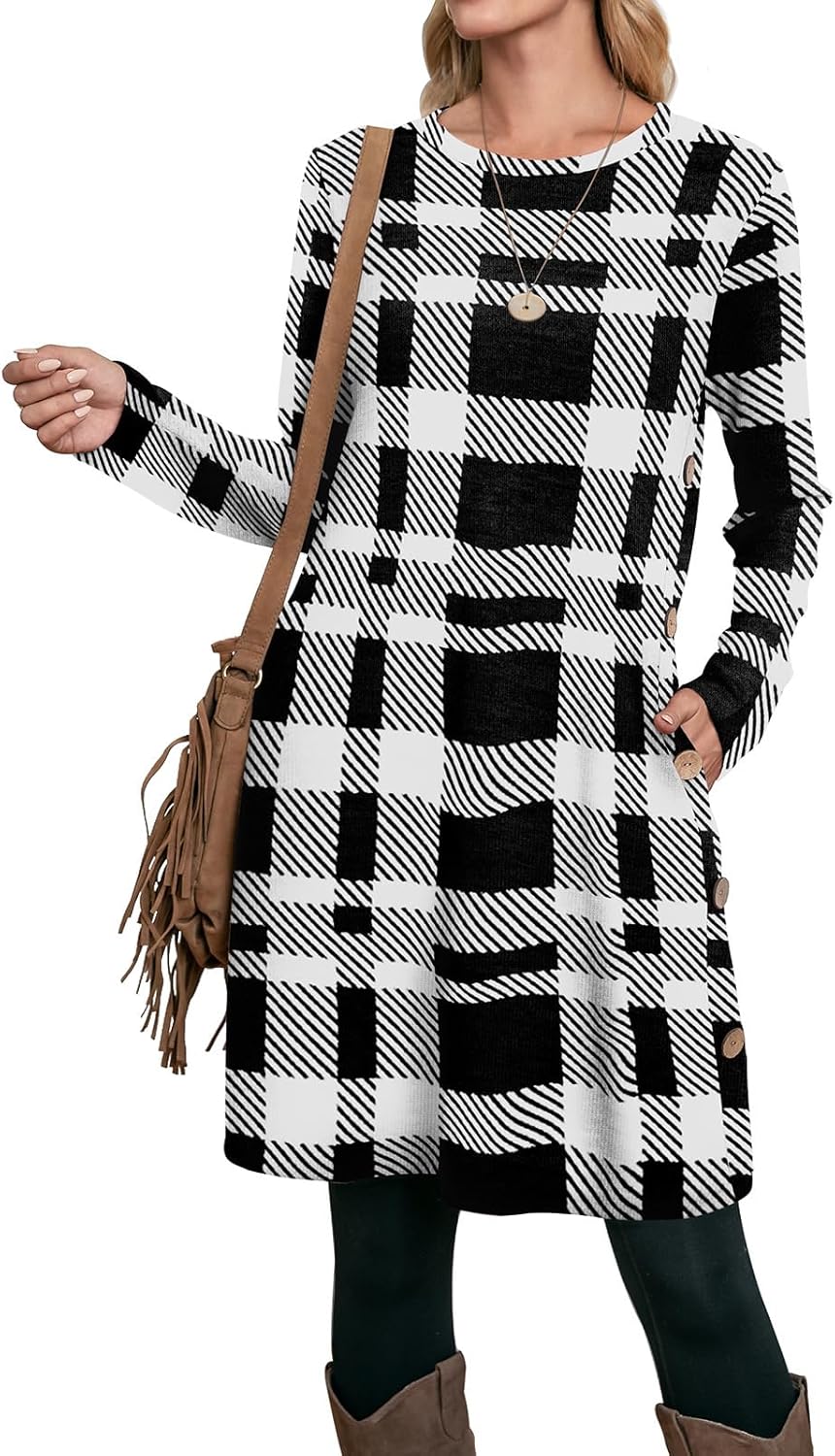 OFEEFAN Long Sleeve Dress for Women Crew Neck Tunic Dress with Pockets Buttons Side - Image 4