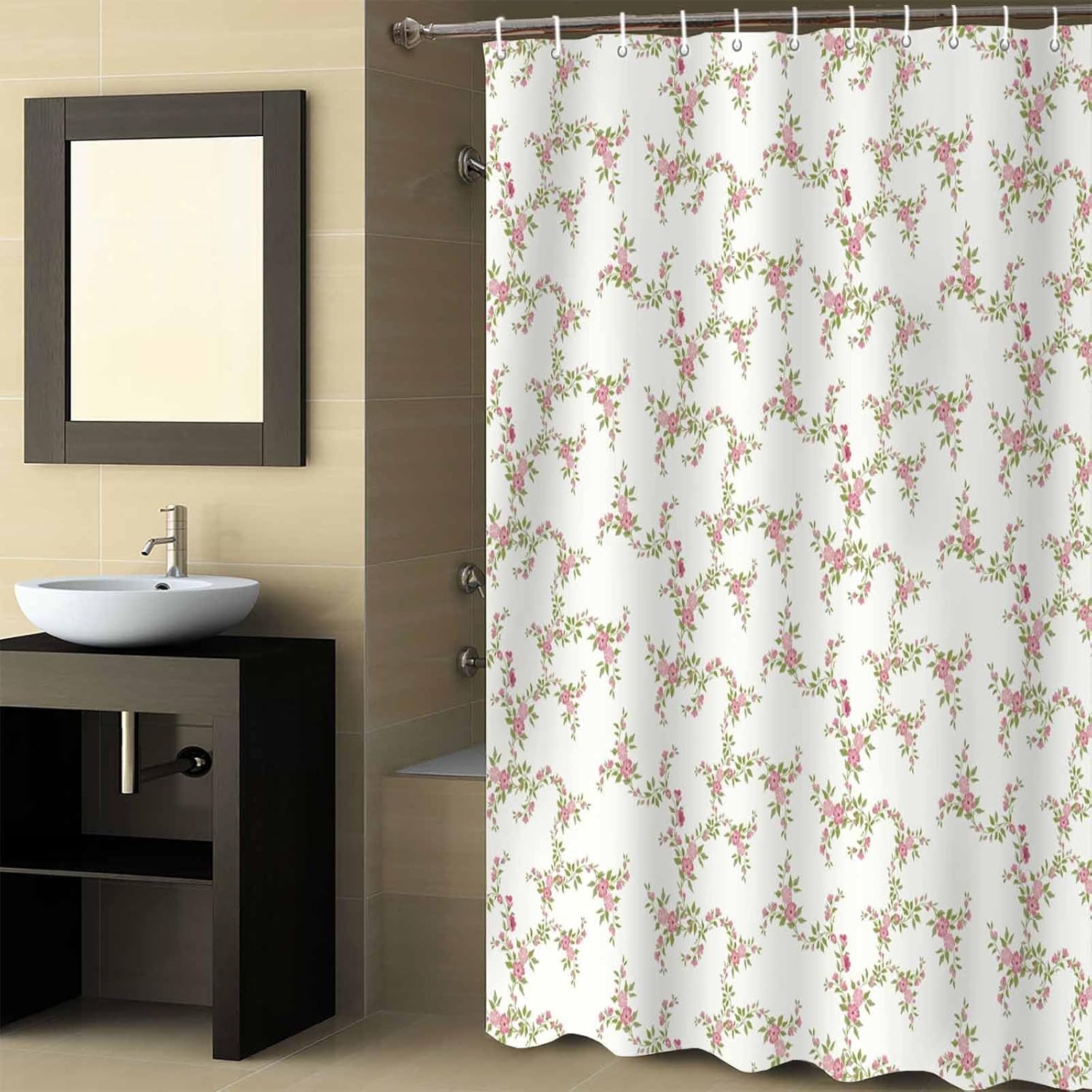 Pink Green Flower Floral Shower Curtain Set with Hook 72" x 96",Country French Romantic Botanical Washable Cloth Polyester Fabric Shower+Curtain,Waterproof Bath Curtains for Bathroom,Showers,Bathtubs