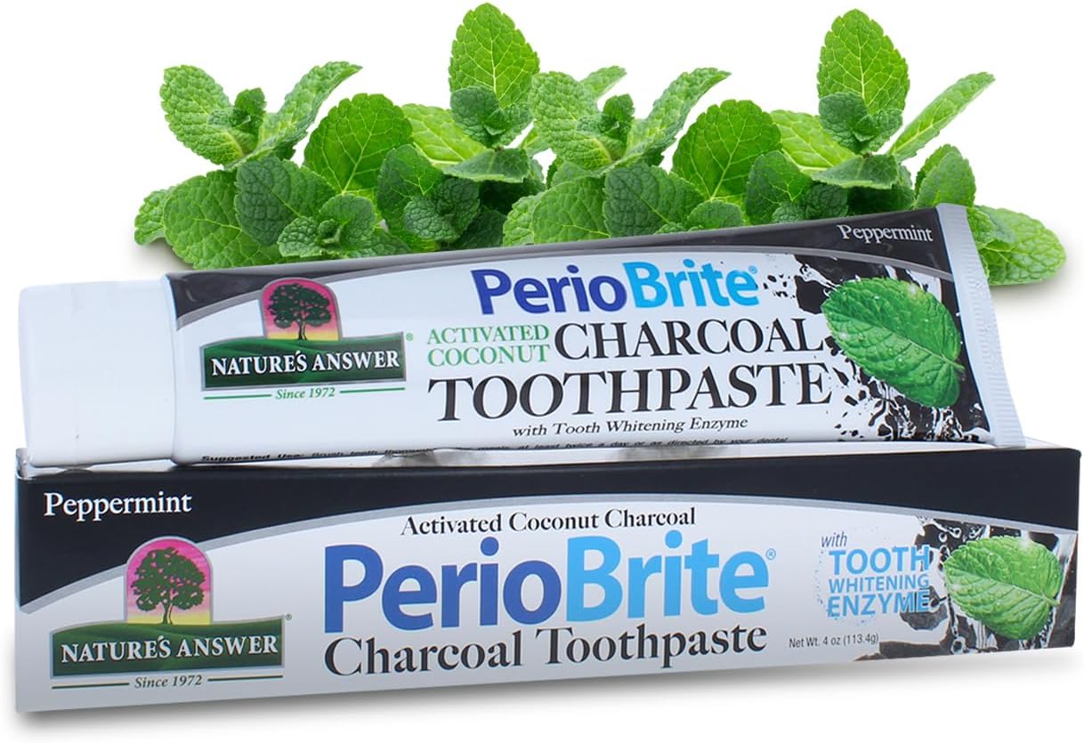 Nature's Answer Periobrite Activated Charcoal Toothpaste | Tooth Whitening, Plaque Removing, Peppermint Flavored Stain Remover | Flouride-Free, Gluten-Free, No Preservatives & Vegan 4oz