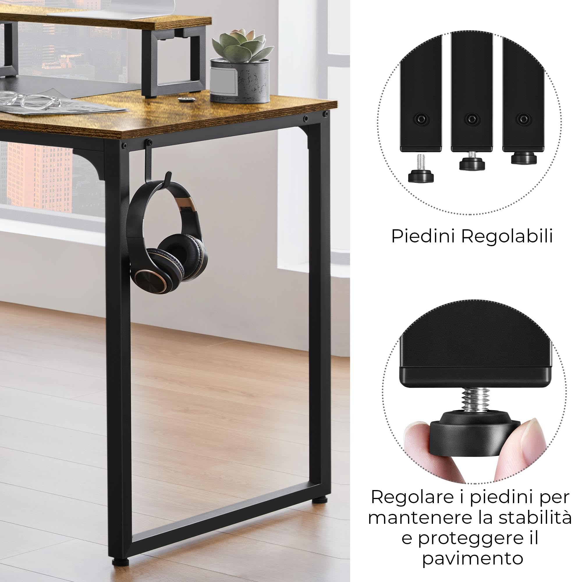 Yaheetech Scrivania per Computer Tavolo per PC Postazione di Lavoro Portaoggetti 140 x 60 x 89 cm Mobile da Ufficio a 2 Ripiani in Legno e Metallo Tavolo per Studio Vintage e Industriale