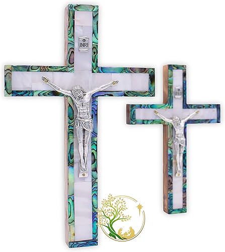 Miniatura 4 de Pequeña cruz decorativa de pared de nácar hecha a mano en Tierra Santa | Crucifijo de pared de madera de olivo | Cruz católica de madera | Hecho por