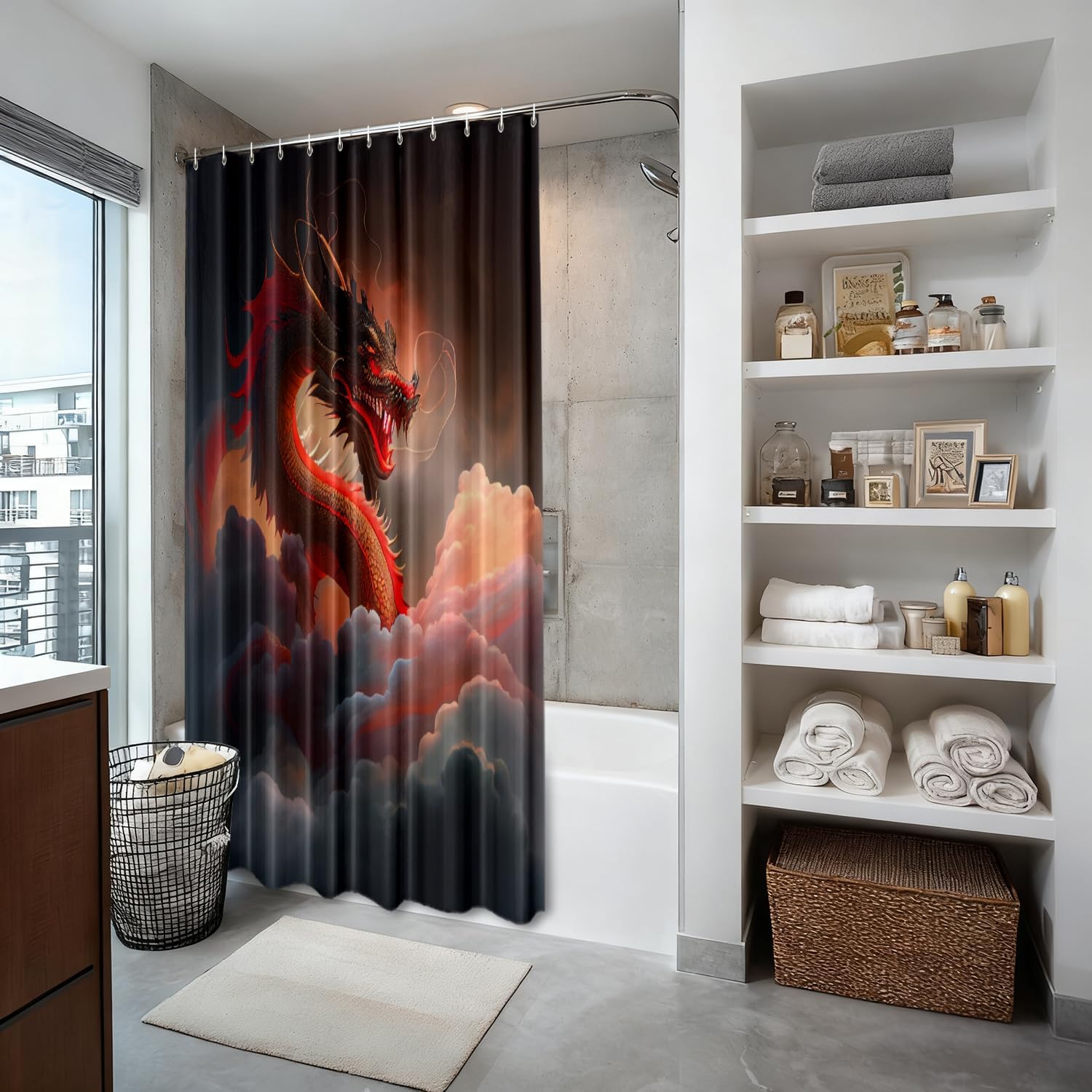 Shrahala China Animal Dragon Decorative Shower Curtain, Soaring Clouds Fog Shocking School Bathroom Décor Polyester Fiber Waterproof with Plastic Rings for Shower Stall Bathtubs 72 x 72 in