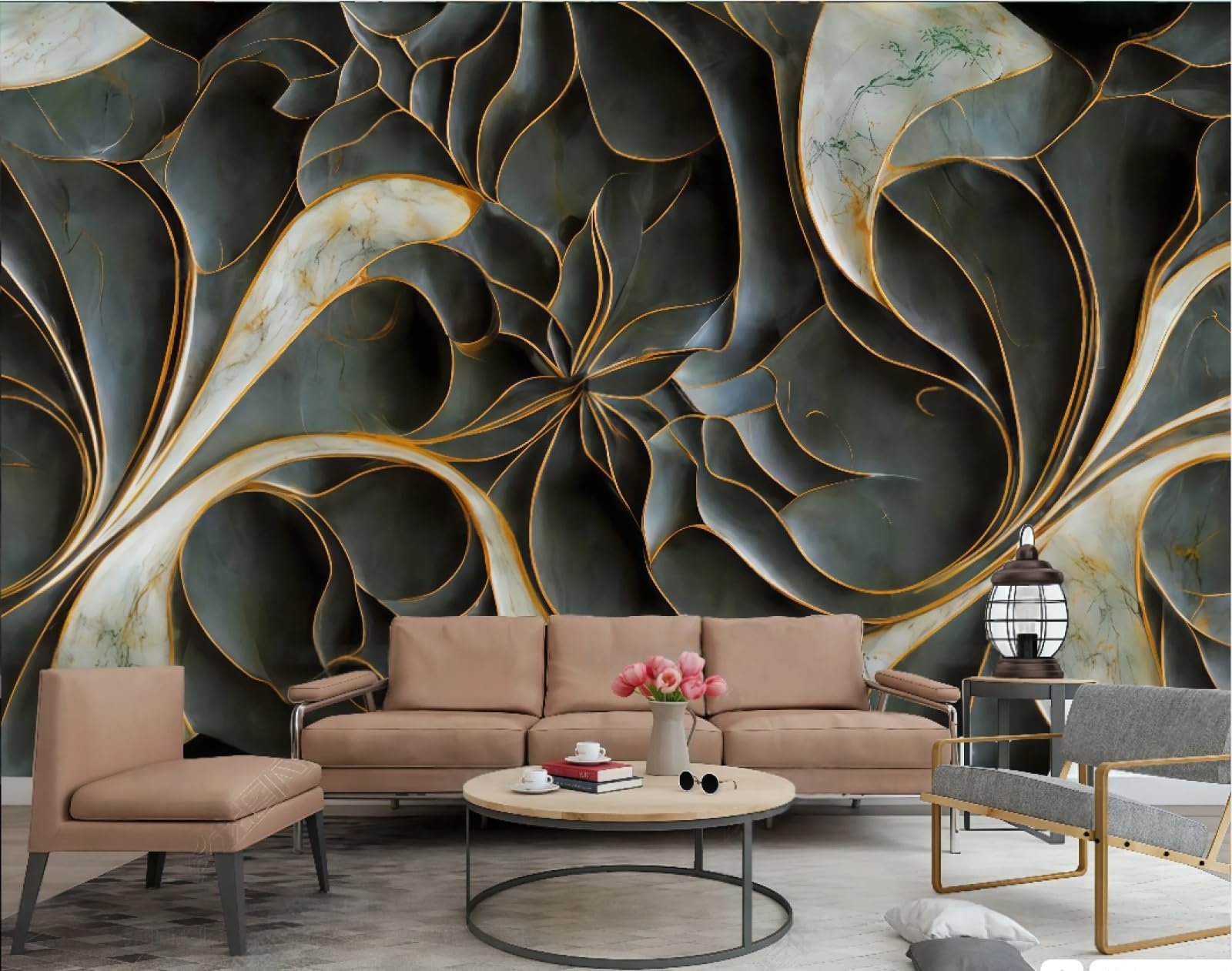 Tapeta nowoczesna trójwymiarowa złota linia rzeźbiona relief abstrakcyjny szmaragdowy zielony marmurowy wzór TV sofa tło tapeta ścienna salon restauracja kawiarnia mural, 3D, 250 x 175 cm
