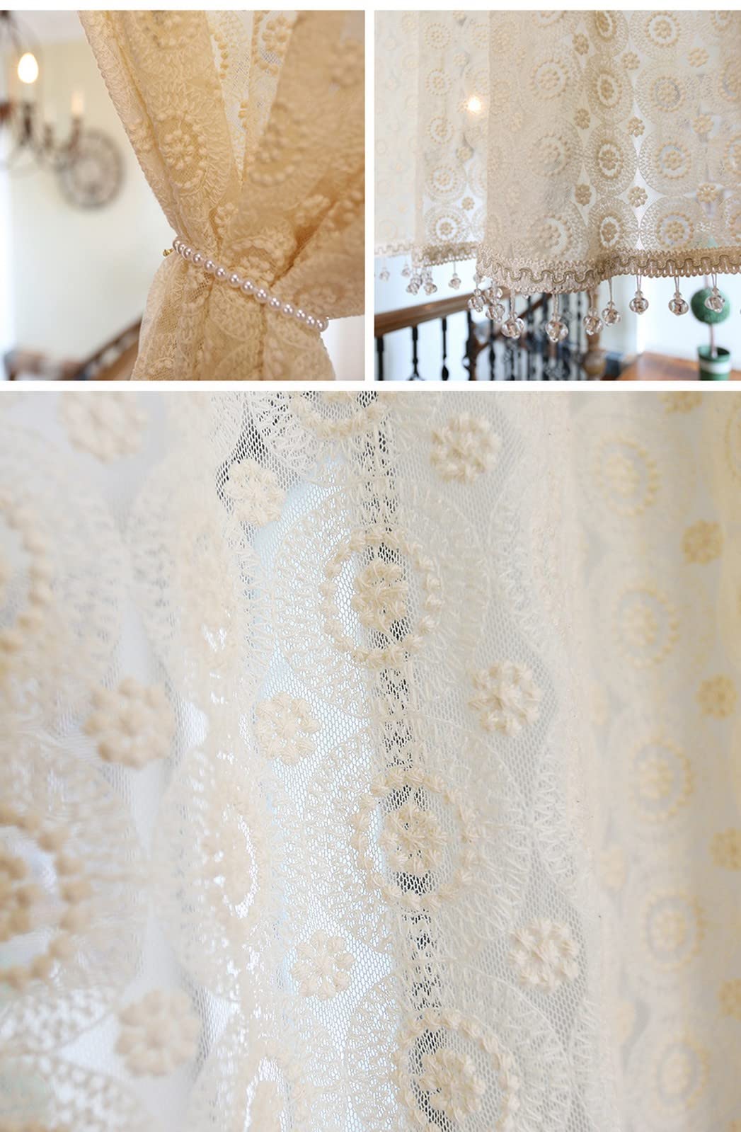 A.Monamour Gardine Scheibengardinen Kurzstores Beige Transparente Voile Spitze Kreis Stickerei Retro Kurzgardinen Küchengardine Küchenvorhang Küche Vorhang Fenster Kurz Stores Bistrogardine