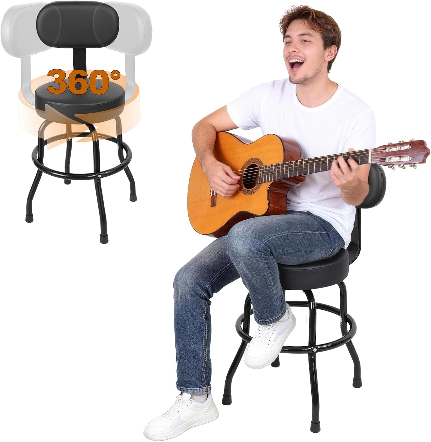 360° Swivel Guitar Stool, Guitar Chair Bar Stools with Backrest, Padded Cushion & Footrest, Musician Stool Guitars Seat for Acoustic Electric Bass Practice Home Studio Black