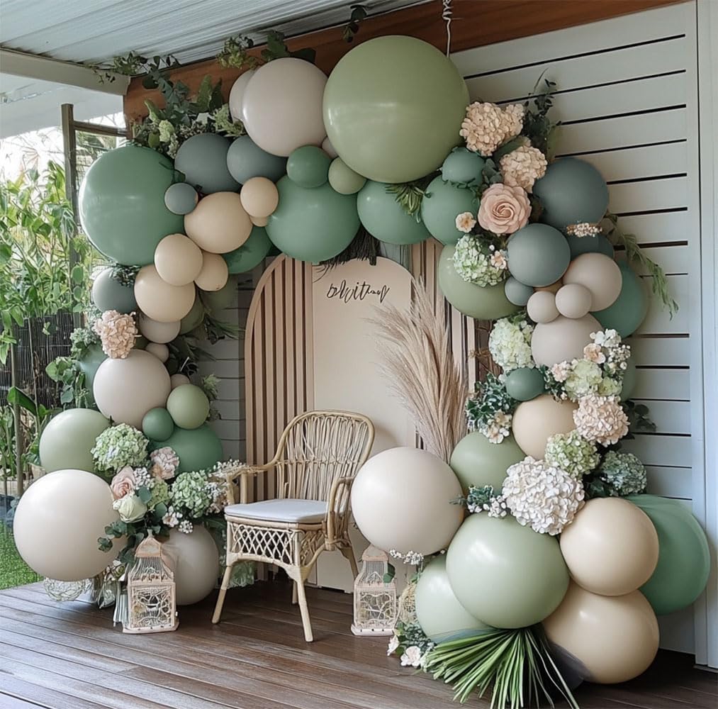 Dusty Green White Sand Balloon Garland - Double Stuffed Light Sage Green White Cream Balloon Arch Kit Latex Olive Beige Balloons for Baby Shower Birthday Woodland Wedding Wild One Party Decor