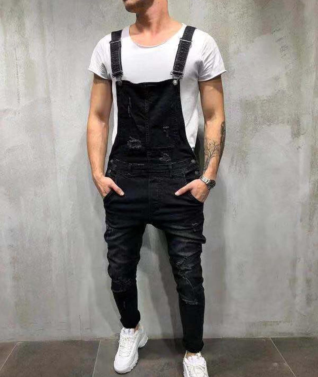 SOMTHRON Men's Denim Overalls Fashion Slim Fit Ripped Jeans Skinny Suspender Pants Distressed Jumpsuit Trousers