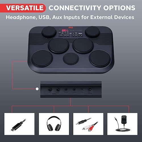 Miniatura 11 de Pyle Juego de batería digital electrónica de mesa, kit de almohadilla de batería portátil compacta con 8 almohadillas y pedales sensibles al tacto