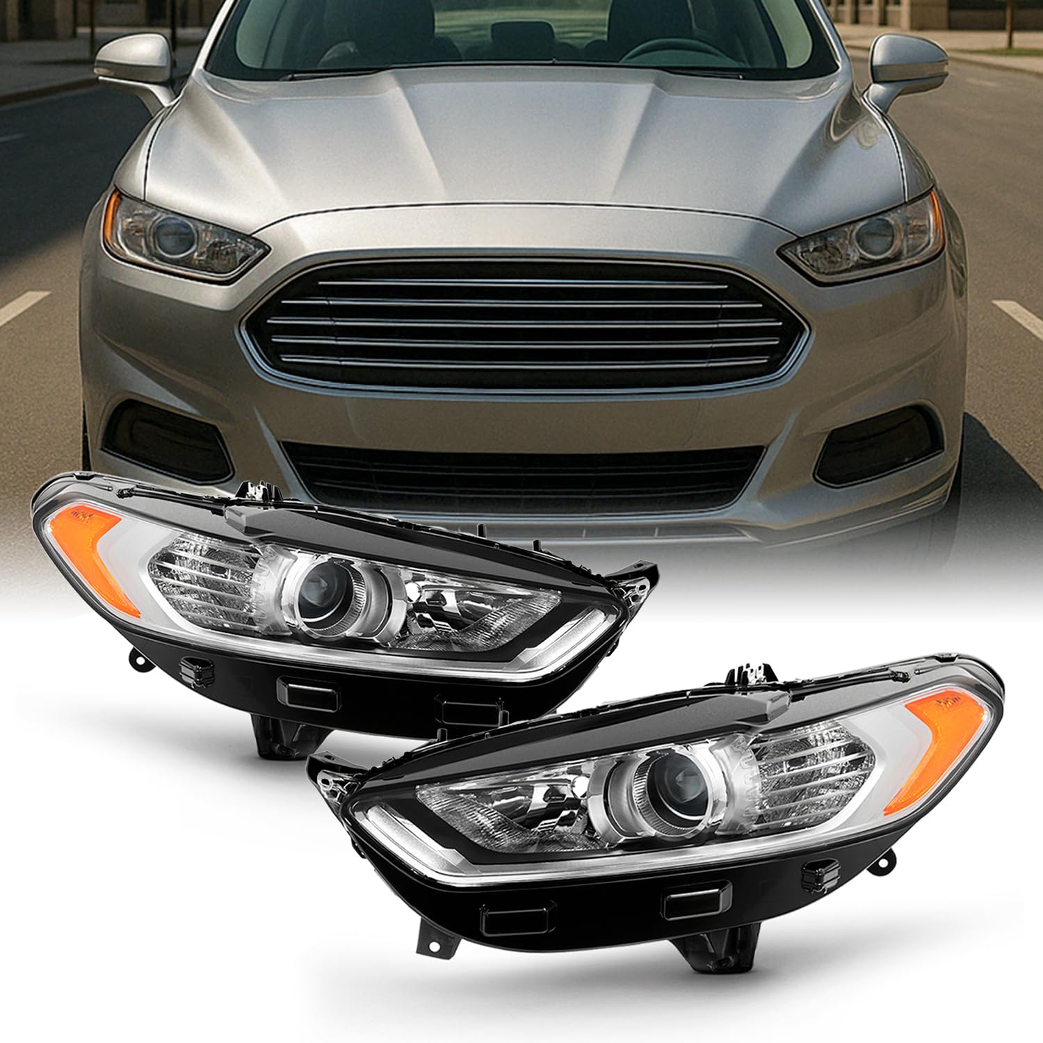 AKKON - Projector Chrome Headlights Pair Fits 2013-2016 Ford Fusion 4Door Sedan [Halogen Models] Driver Left + Passenger Right