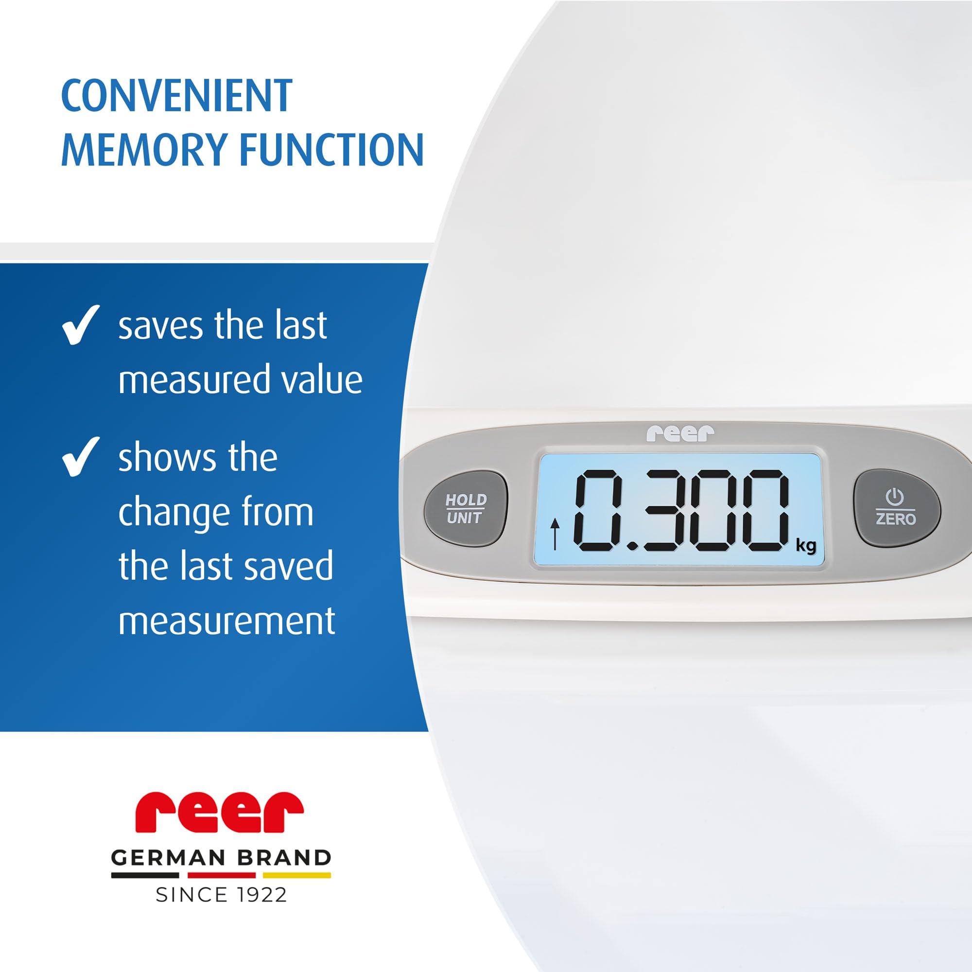 reer BabyCare - Báscula ergonómica para recién nacidos/bebés, peso máximo de 25 kg, cinta métrica integrada, función Hold y tarier, pantalla LCD iluminada, precisión de 5 g