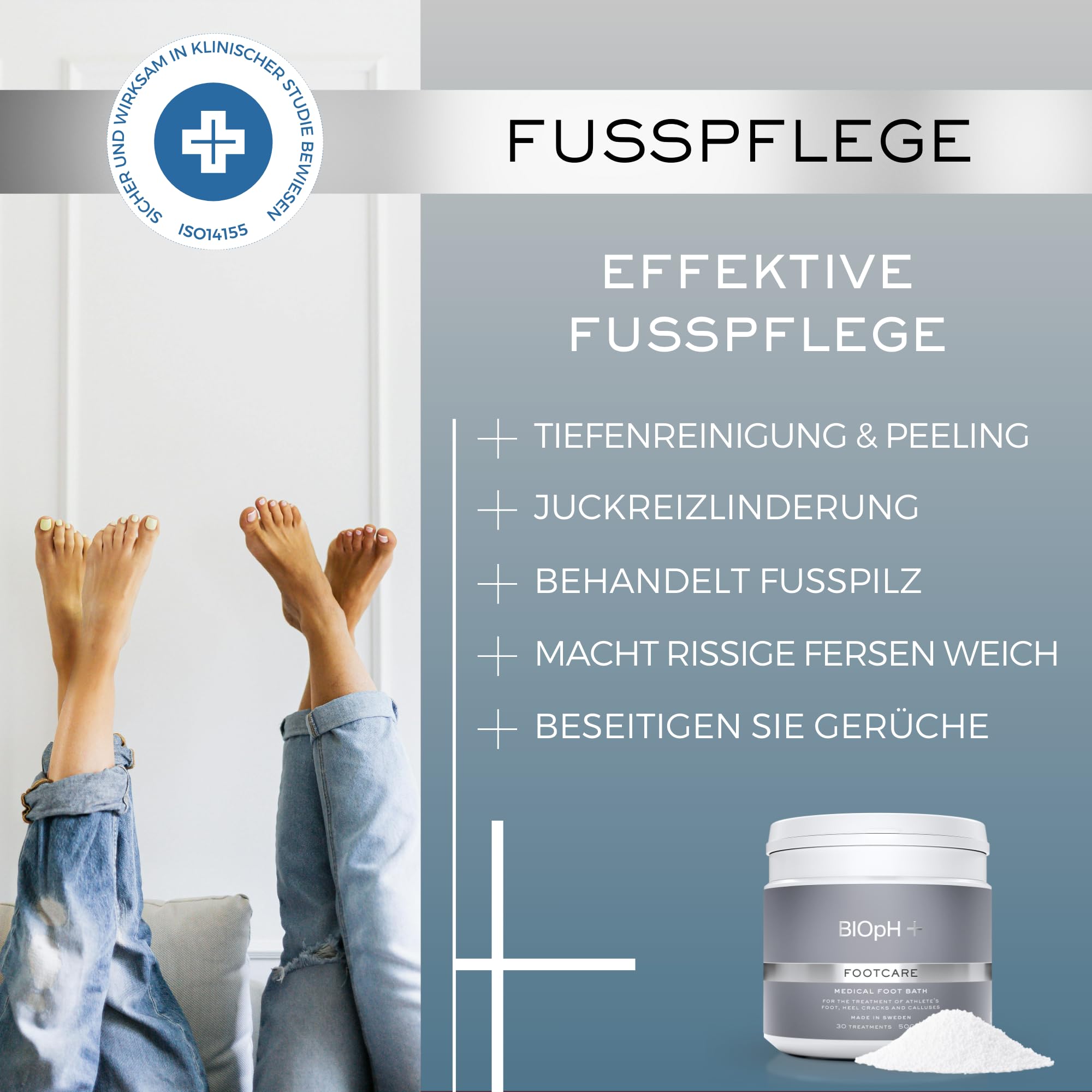 BIOpH+ Fußpflege 500 g - Antimykotisches medizinisches Fußbad für Spa & Bad - Behandlung von Fußpilz, rissigen Fersen und Hornhaut