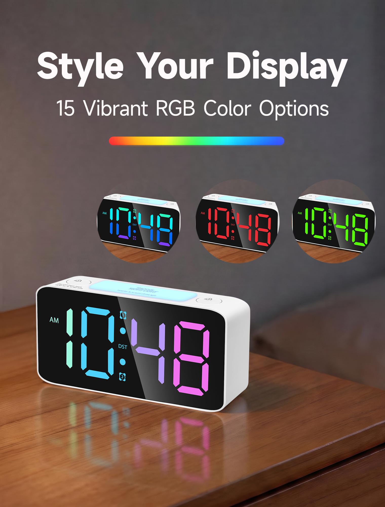 Cadmos Extra lauter Wecker mit 110 dB für schwere Schläfer, digitale Uhr mit 7 Farben-Nachtlicht, RGB-Display, Dual-USB-Ladegerät, kleine Uhren für Schlafzimmer, Kinder, Jugendliche (Weiß + RGB)