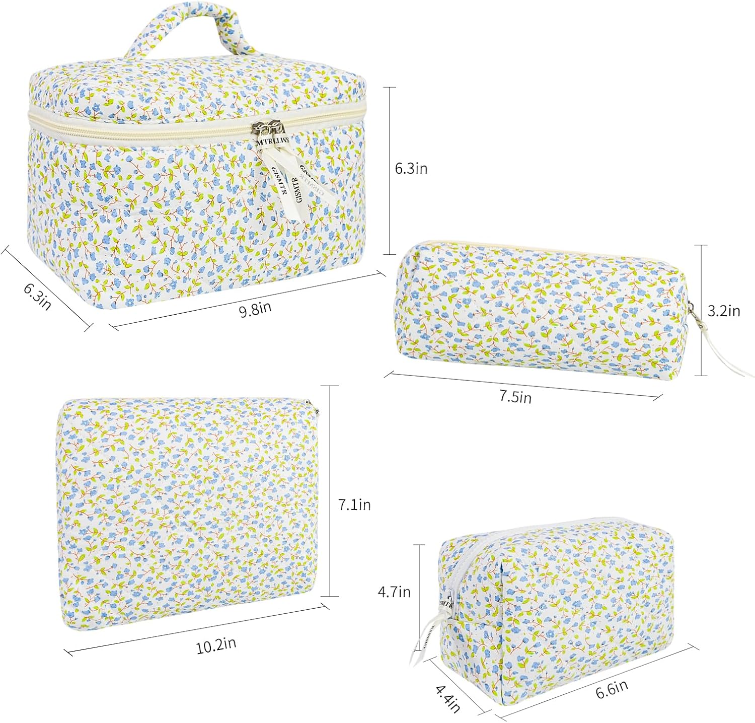 4Pcs Quilted Makeup Bag Set Cute Floral Cosmetic Bag Cotton Coquette Make up Bag Aesthetic Travel Toiletry Bag for Women Girls - Image 5
