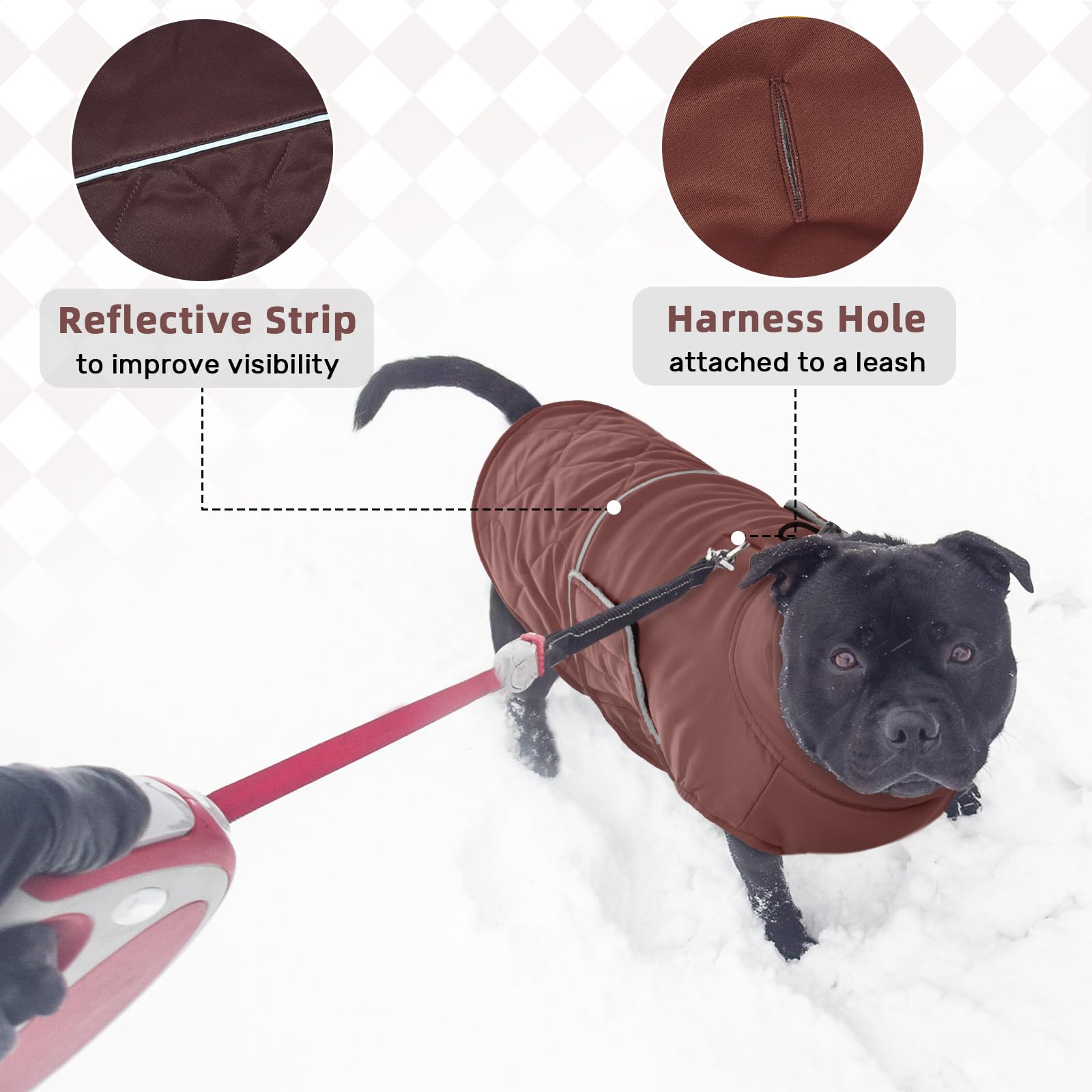Manteau Petit Chien Chaud Hiver Résistant à l'eau Velcro Doudoune Petite Taille pour Yorkshire Bichon Jack Russel Brun Rougeâtre