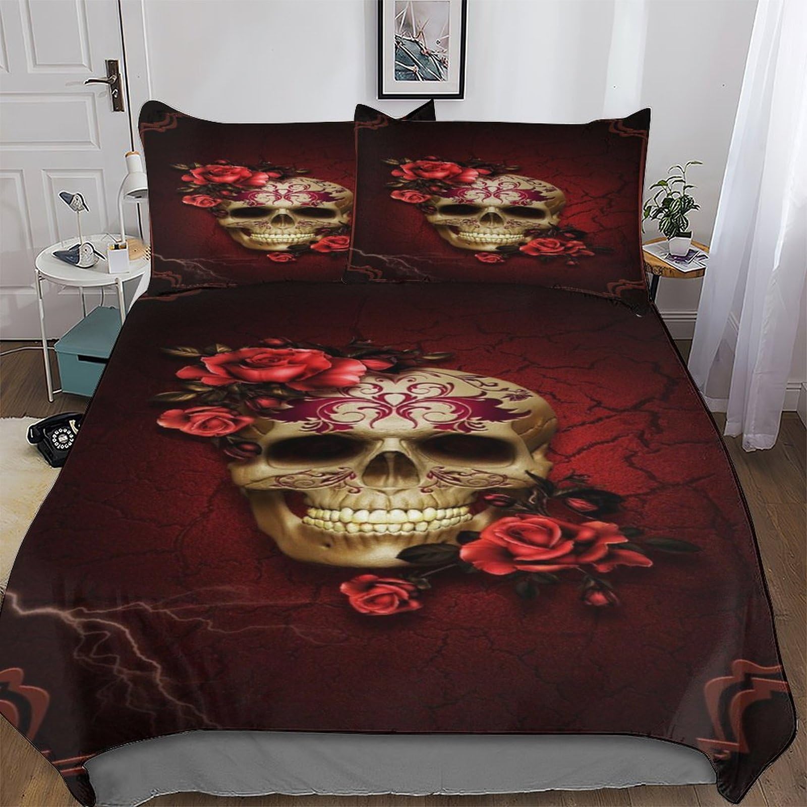 Housse de couette rose crâne motif 3D pour transformer la décoration de chambre ado et adulte