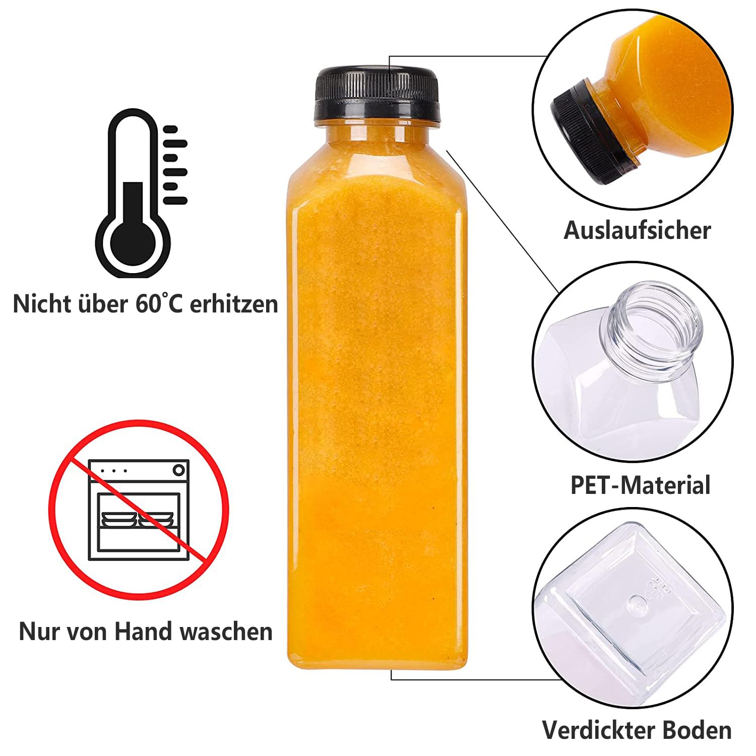 12er Pack PET Plastikflaschen 500ml - Wiederverwendbare Saftflaschen Mit Sicherheitsdeckel