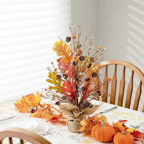 Miniatura 7 de Glitzhome Árbol de mesa de calabazas de cosecha de otoño de 20 pulgadas de alto con base de arpillera, bayas decorativas, hojas, centro de mesa para