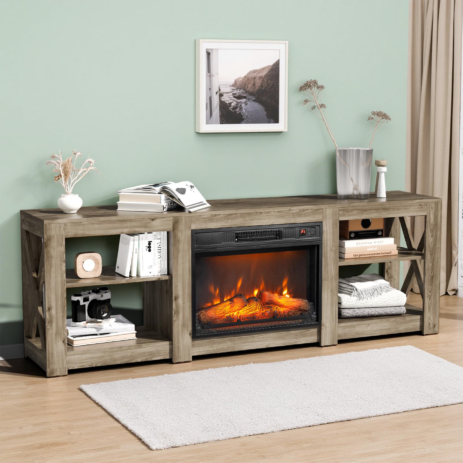 70 inch Washed Gray Double-Sided Cross Fireplace Cabinet 177.8 * 34.5 * 60cm 23 inch Fireplace core
