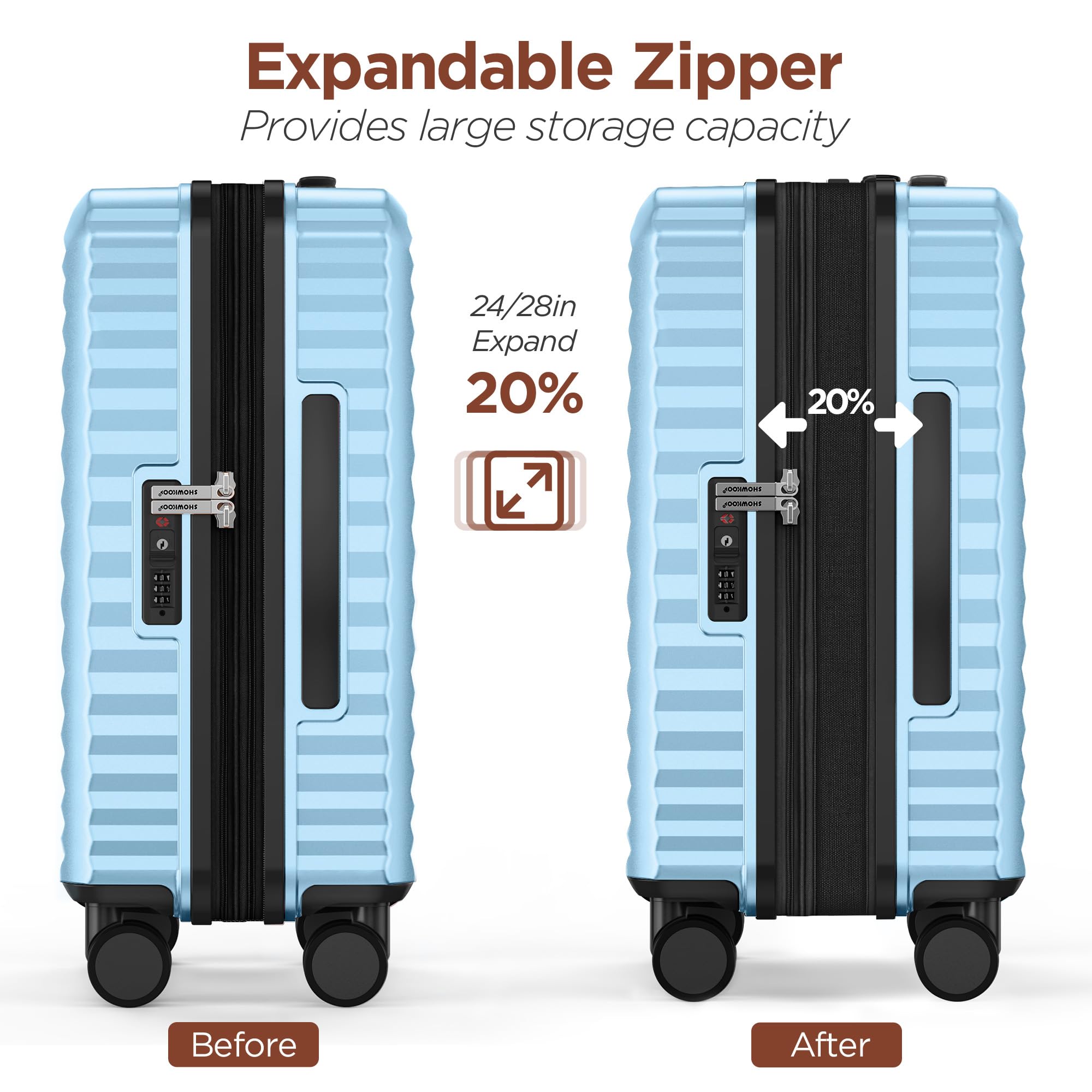 SHOWKOO Set Valigie 3 Rigide Espandibili 100% PC Set Trolley Bagaglio a Mano Valigia Viaggio Cabina con Chiusura TSA e Ruote Removibili (M-L-XL, Cielo Blu)