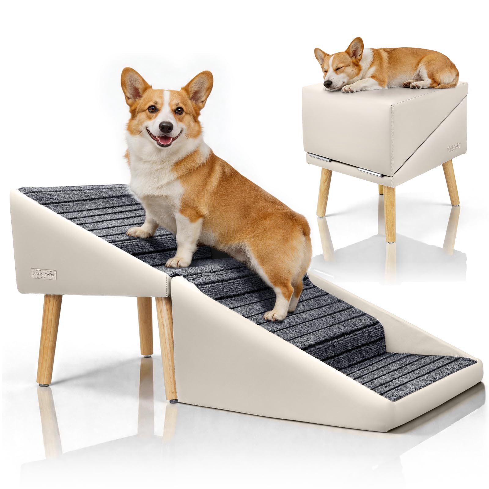 Hundetreppe für kleine mittlere & große Hunde, Katzen, Welpen & Senioren, 43 cm hohe 4-stufige 2-in-1 Massivholz-Treppe mit Split-Ottomane, klappbare rutschfeste Hunderampe für Sofa (Beige)