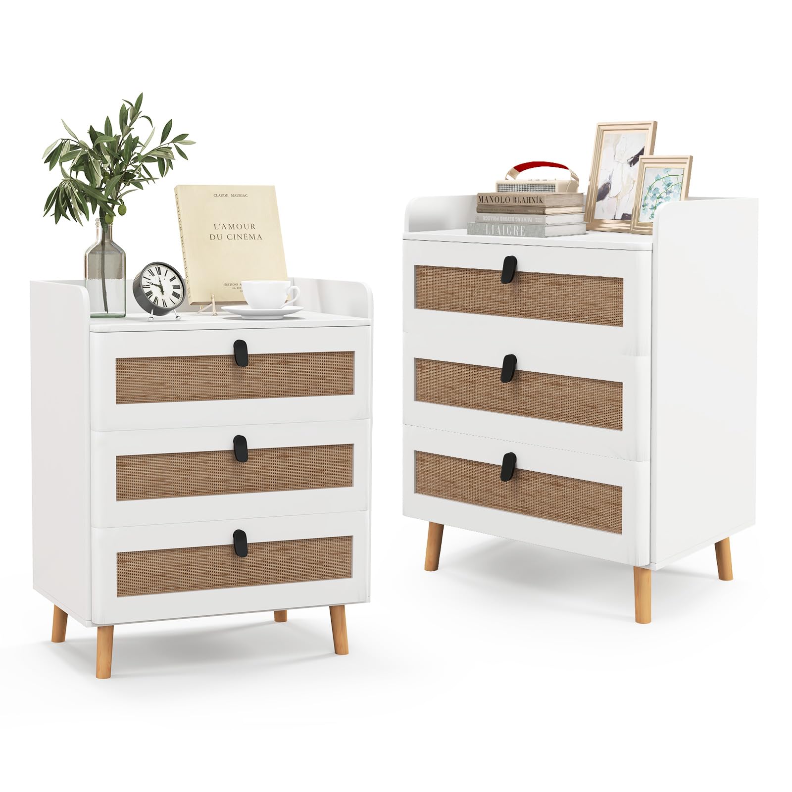 COSTWAY Bedside Table, Nightstand Sofa Side Table with Rattan Drawers, Top Protective Edge and Solid Wood Legs, Chest Accent End Table for Living Room Bedroom (2PCS, 3-Drawers Cabinet)
