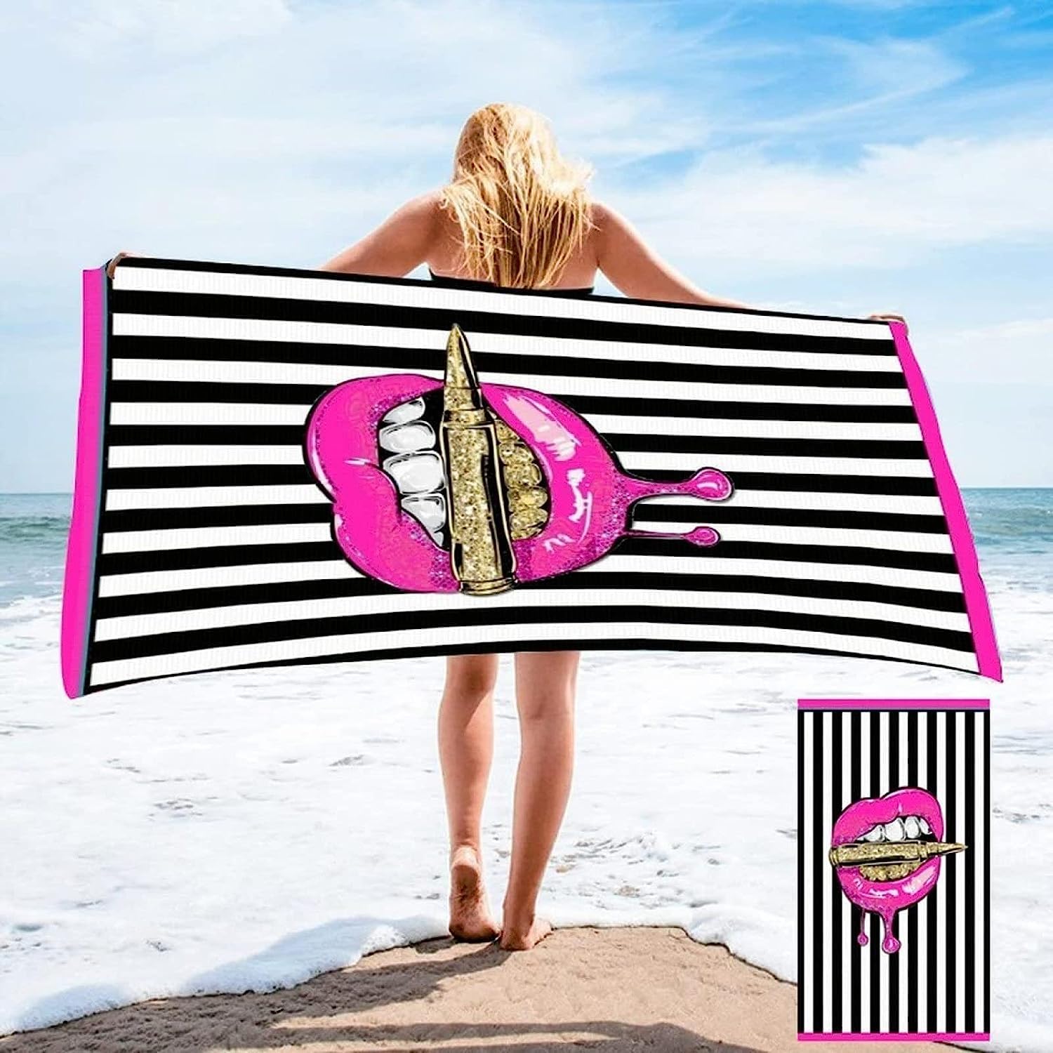 Telo Mare Grande 200 X 200 Cm, 3D Dipingi Le Labbra A Strisce Telo Mare Microfibra Asciugatura Rapida Per Adulti Donna Uomo, Teli Mare Asciugamano Portatile Per Fitness, Yoga, Sauna, Bagno -2A2I-Q9E