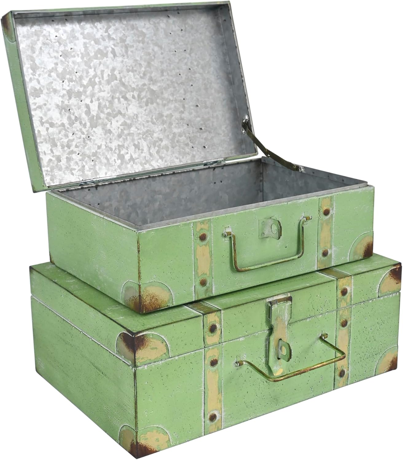 Vintage Metal Storage Trunks - Set of 2, Antique Decorative Storage Chests with Lids, Decorative Suitcase Boxes, Vintage Suitcases for Keepsakes and Home Decor, Green