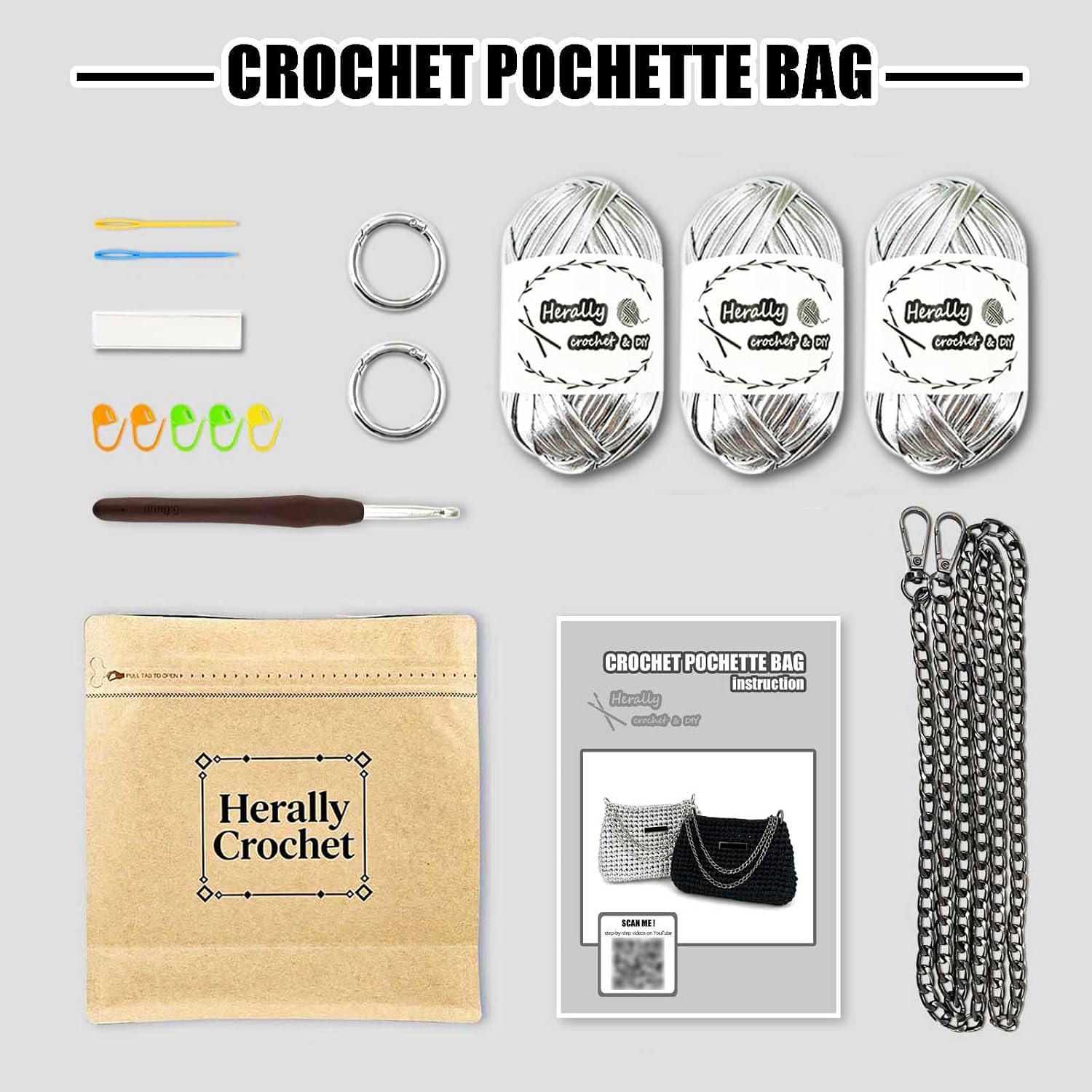 Herally Crochet Kit DIY Bag for Beginners - Crochet Pochette Bag (Silver)