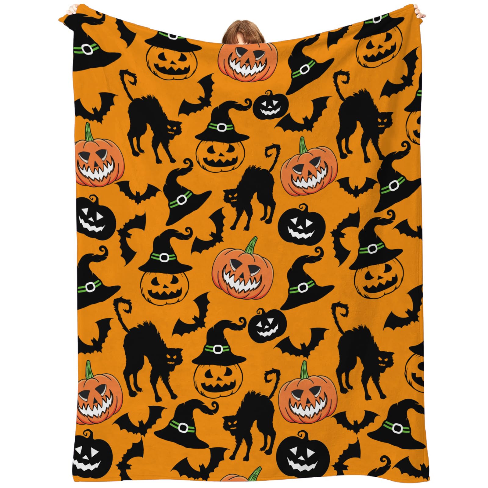 Yuaoeur Color-2 Halloween Bat Pumpkin Cat Blanket - Thick And Warm, Fluffy Flannel & Soft Blankets For Bed And Couch Twin Size 60X80 Inch