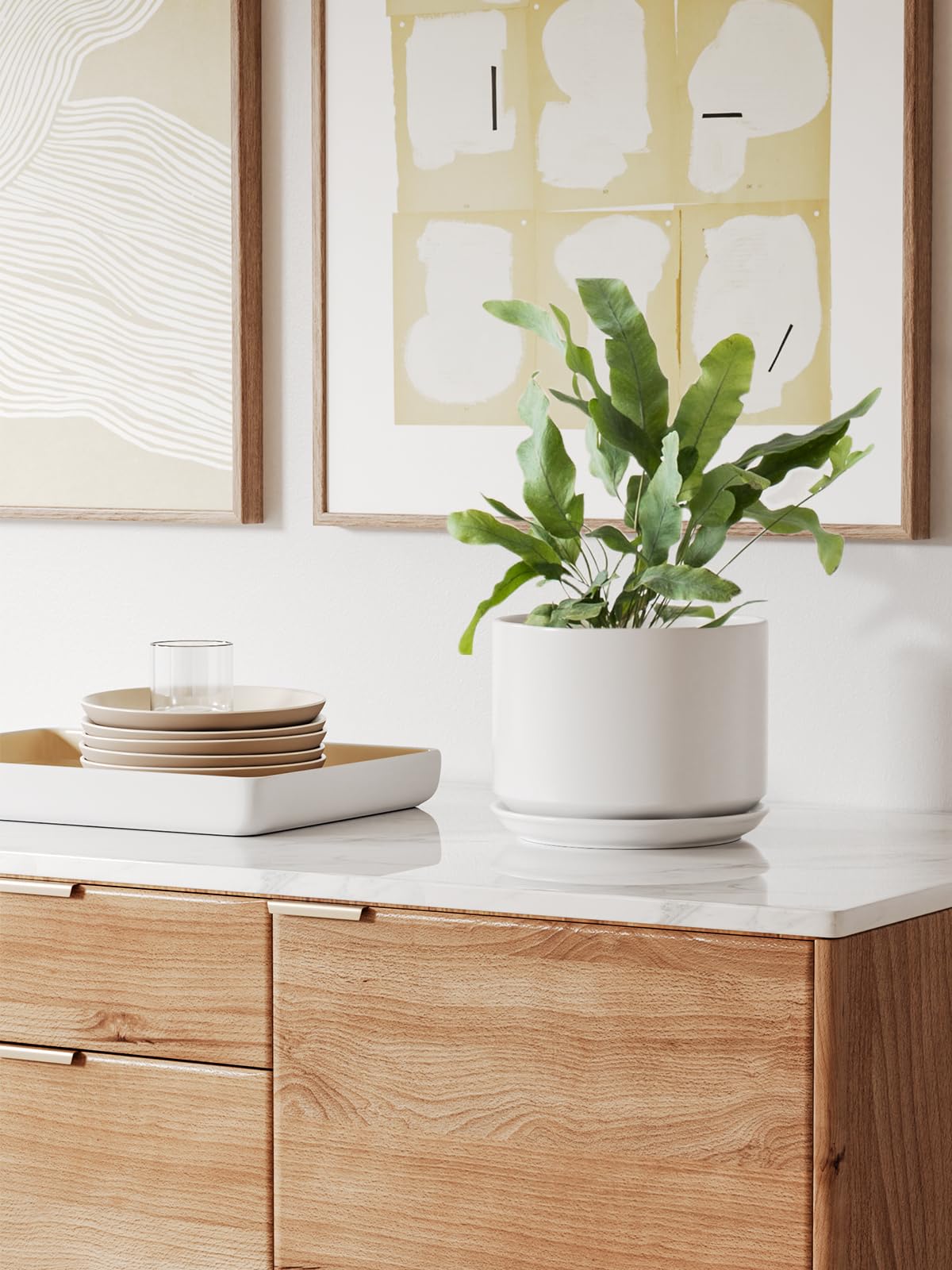 LE TAUCI Keramik Blumentöpfe, 20 cm Übertopf mit Drainageloch & Integrierter Untersetzer, Moderne Minimalistische Pflanzgefäße für Zimmerpflanzen, Weiß