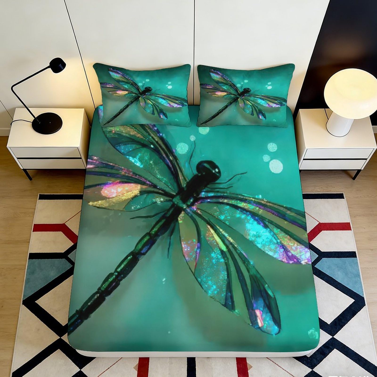 3D Printed Dragonfly Fitted Sheet Microfiber Soft Breathable Iridescent Wings Bed Cover for Bedroom Dormitory Guest Room Mattress Protection 180x200x25cm